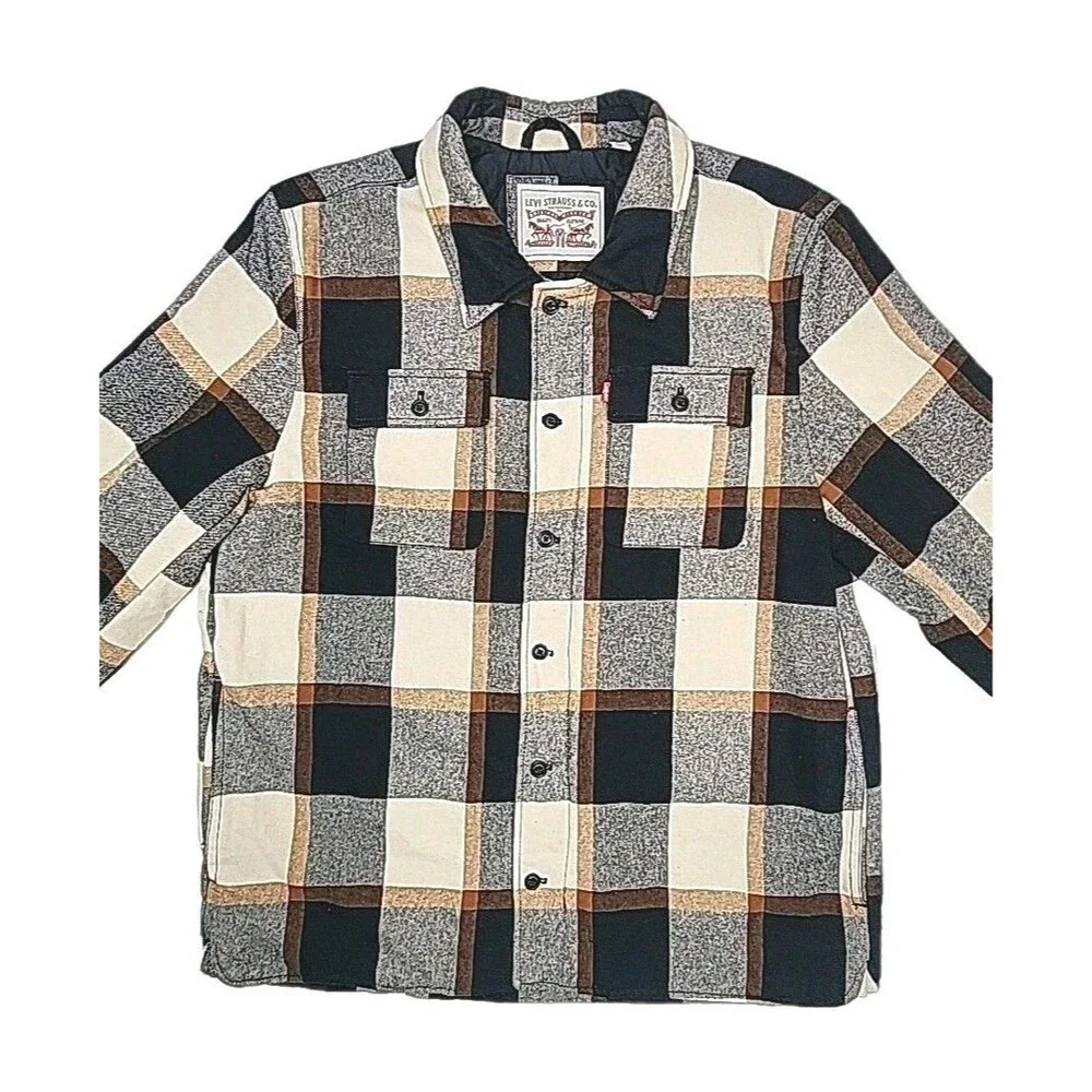 Levi Strauss Jacket Coat Quilt Lined Men Sz XL Zip Button Blue Tan Plaid Pockets
